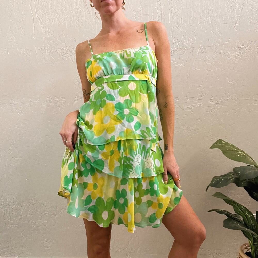 Vintage Y2K 100% Silk Green Floral Tiered Mini Dress - Picture 6 of 7